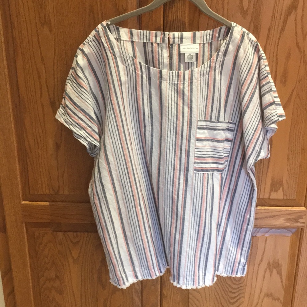 Women’s Liz Claiborne Striped Short Sleeve Top. Linen/ Cotton. Exc. Condition